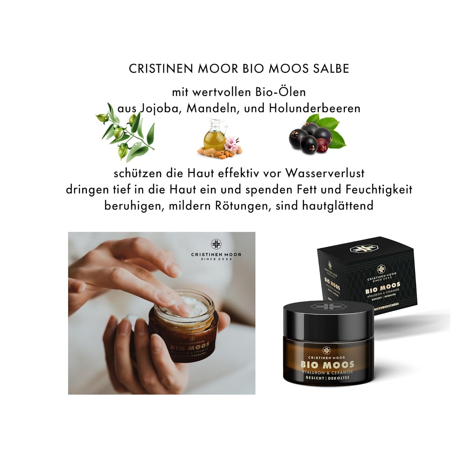 Cristinen Moor Set Moossalbe 50 ml + Moos Hyaluron Konzentrat 30 ml I Anti-Falten-Pflegeset für die tägliche Pflegeroutine I Naturkosmetik – Bild 3