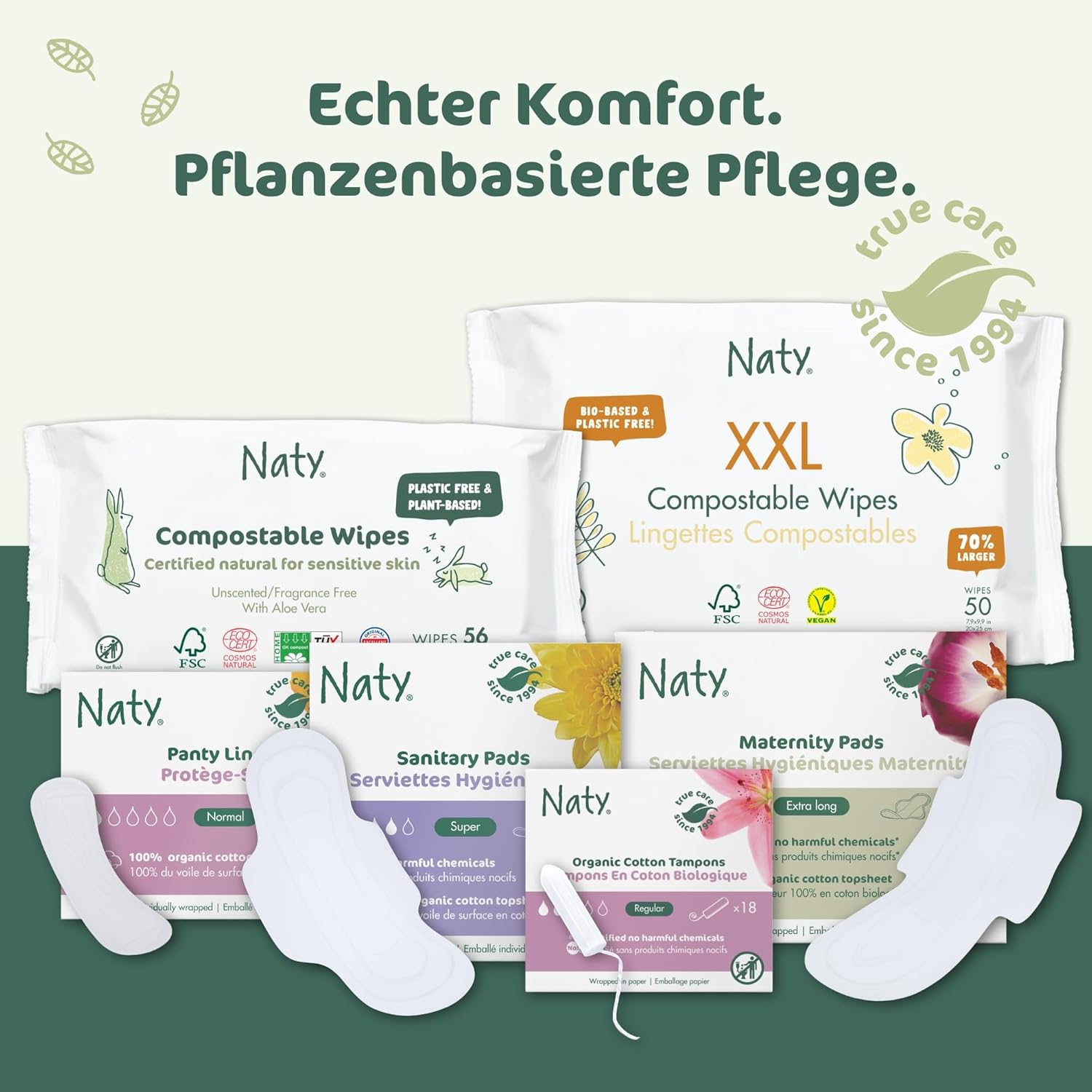 Naty Damenbinden Super mit Flügeln, 100 % zertifizierte Bio-Baumwolle auf der Haut, zertifiziert hautfreundlich, ohne Parfüm, 0 % herkömmliches Plastik, saugfähiger Schutz, 12 Pads – Bild 9