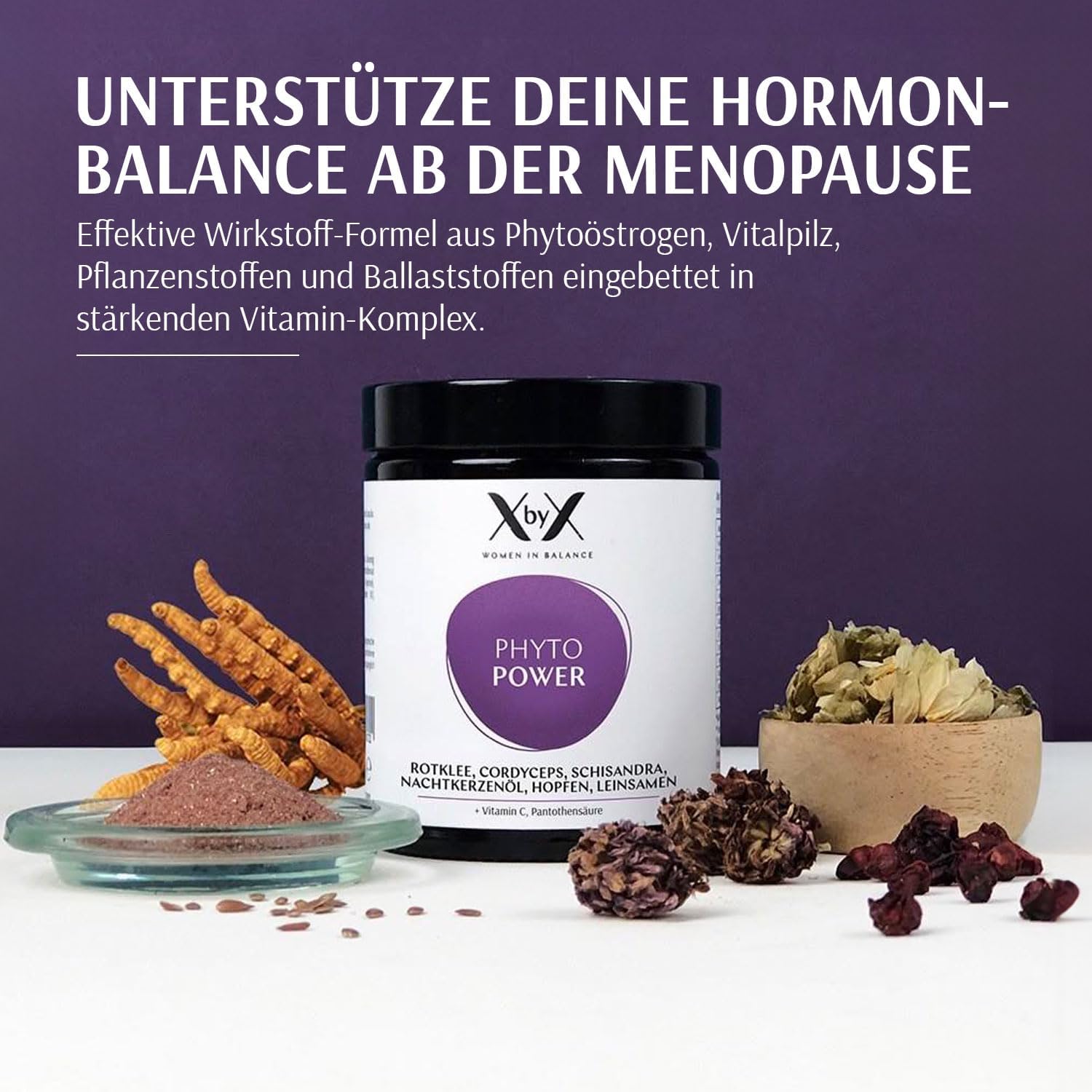 XbyX Phyto Power 3er Set, 270 g, 135 Portionen, Hormonelle Unterstützung ab den Wechseljahren, Hormonfrei, Sojafrei, mit Rotklee, Cordyceps, Schisandra, Nachtkerzenöl, Hopfen & Leinsamen – Bild 2