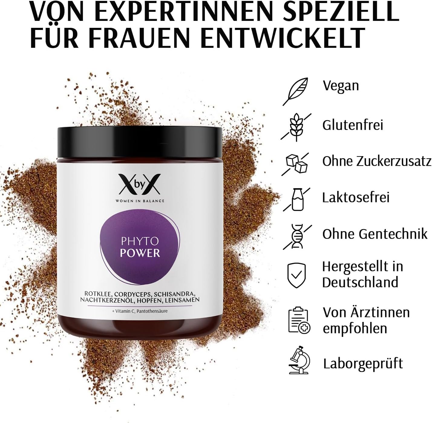 XbyX Phyto Power 3er Set, 270 g, 135 Portionen, Hormonelle Unterstützung ab den Wechseljahren, Hormonfrei, Sojafrei, mit Rotklee, Cordyceps, Schisandra, Nachtkerzenöl, Hopfen & Leinsamen – Bild 3