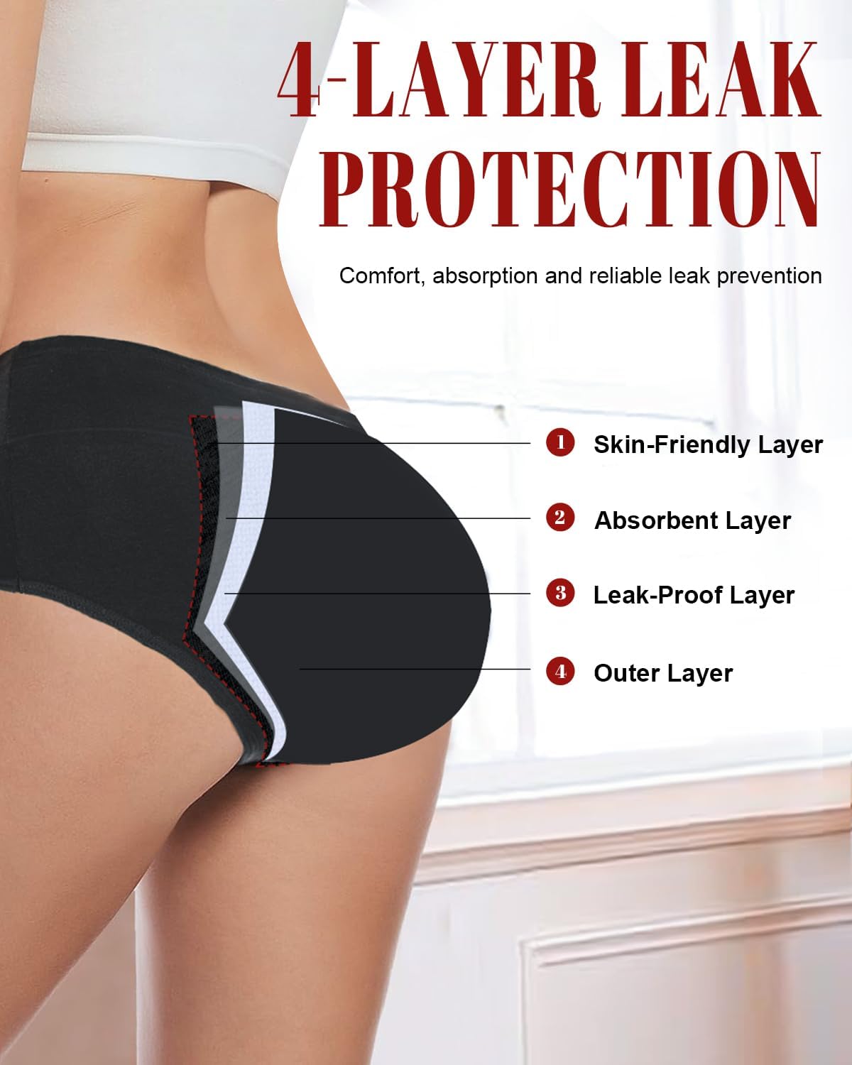 Periodenunterwäsche, Damen-Unterhose, starke Blutung, 60 ml, auslaufsichere Baumwolle, 3er-Set – Bild 2