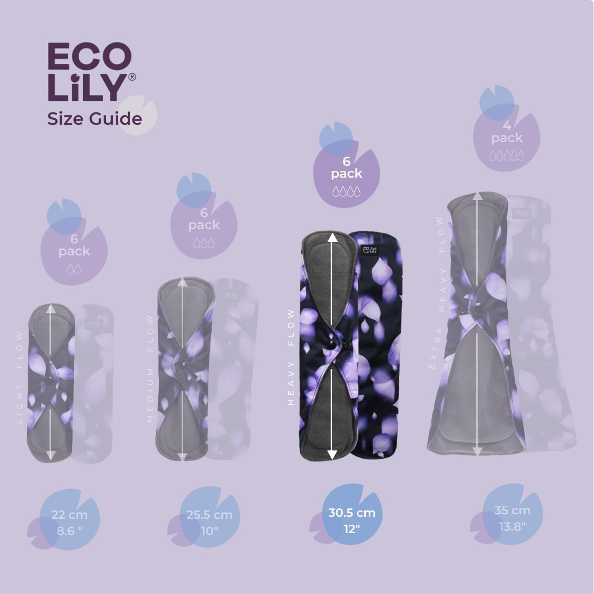 Eco Lily® 6er-Pack wiederverwendbare Damenbinden mit Bambuskohle, waschbare, wasserdichte, saugfähige Menstruationseinlagen für leichte, mittlere und starke Perioden, inklusive Aufbewahrungstasche – Bild 2