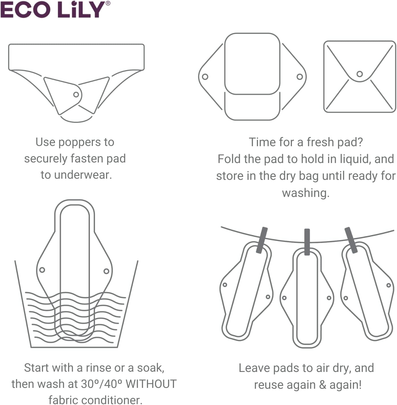Eco Lily® 6er-Pack wiederverwendbare Damenbinden mit Bambuskohle, waschbare, wasserdichte, saugfähige Menstruationseinlagen für leichte, mittlere und starke Perioden, inklusive Aufbewahrungstasche – Bild 4