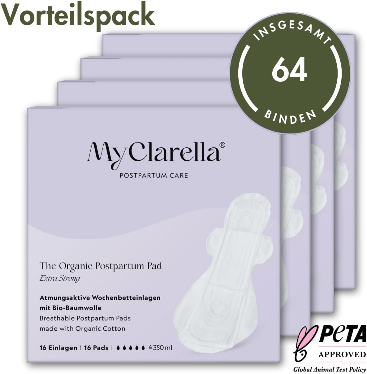 MyClarella 64 Damenbinden mit Flügeln, parfümfrei, extra saugfähig und frei von Chemikalien, Wochenbettbinden, perfekt für starke Periode, wöchentliche Menstruation und Blasenschwäche, 64 Stück (4 x 16 Stück) – Bild 5