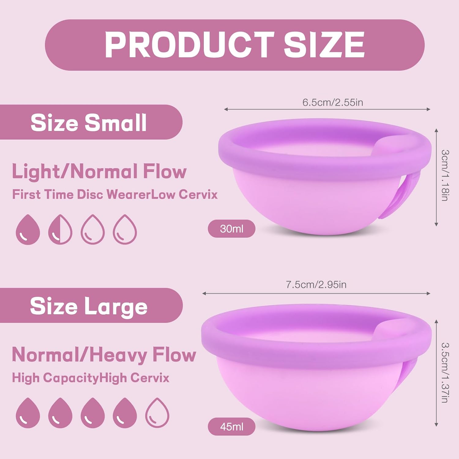 Menstruationsscheibe, 2 Stück Periodenscheiben (S+L), Menstruationsscheibe, auslaufsichere Menstruationstassen aus medizinischem Silikon, wiederverwendbare Scheibe für aktive Frauen, Sport, Schwimmen – Bild 2