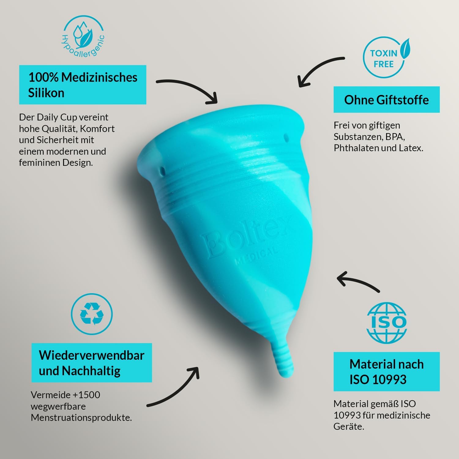 Daily Cup All-In-One-Set, Menstruationstasse für täglichen Komfort, inklusive Sterilisator zur Reinigung, 3 Menstruationstassen, Daily Cup: Größen S, M und L und Aufbewahrungstasche – Bild 3