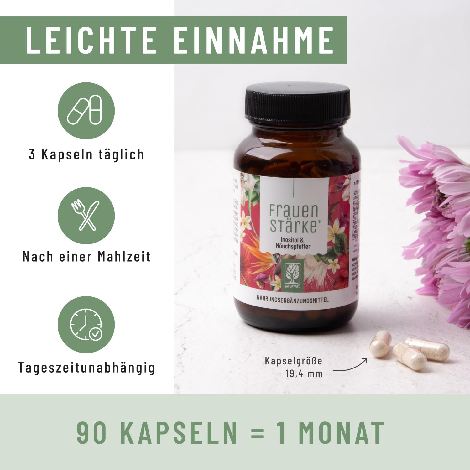 NATURTREU® Frauenstärke Myo-Inosit & Mönchspfeffer, hochdosiert – 90 Vitaminkapseln für Frauen mit L-Carnitin, Folsäure, B12 & Eisen – Vitex Agnus-Castus – Bild 5