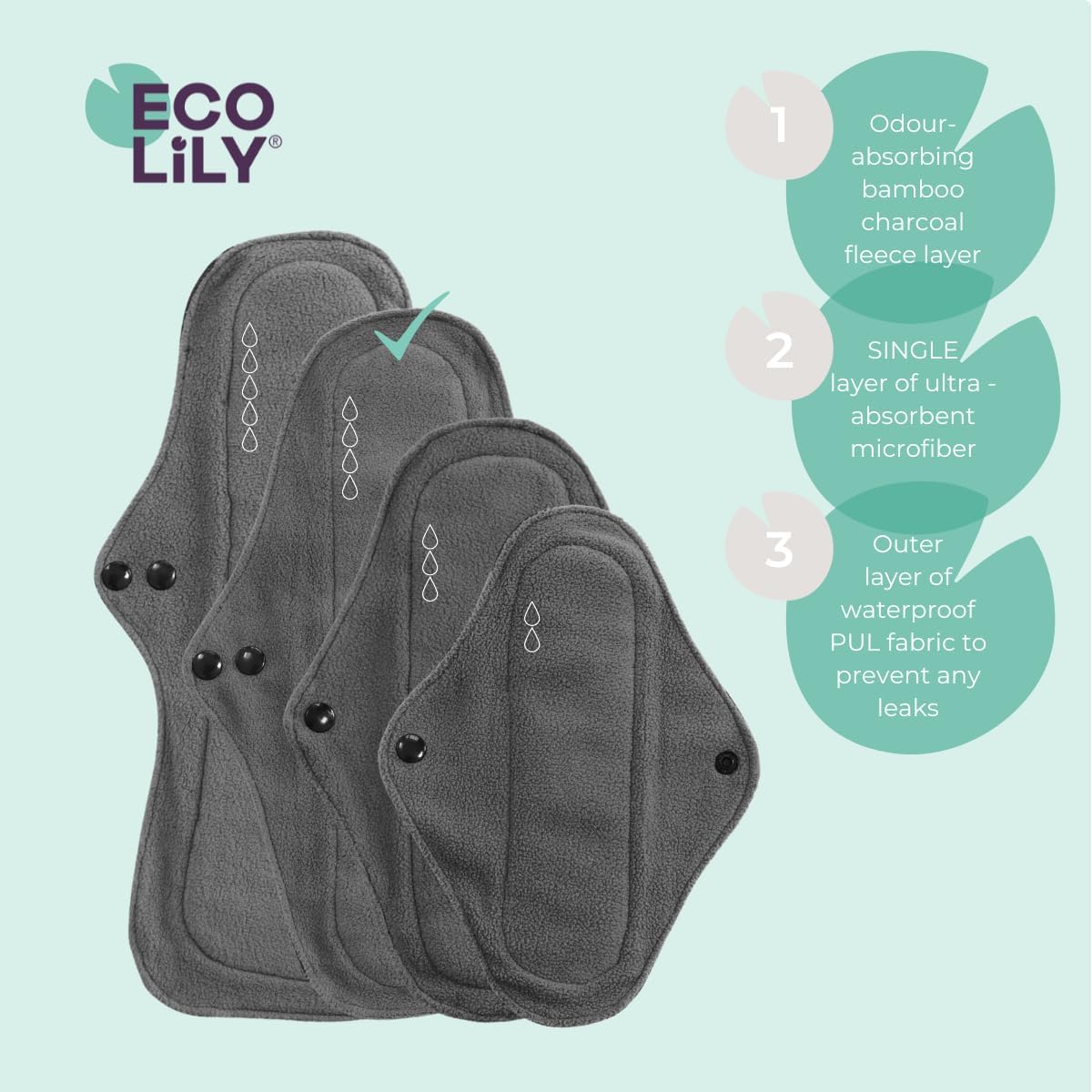 Eco Lily® 6er-Pack wiederverwendbare Damenbinden mit Bambuskohle, waschbare, wasserdichte, saugfähige Menstruationseinlagen für leichte, mittlere und starke Perioden, inklusive Aufbewahrungstasche – Bild 3