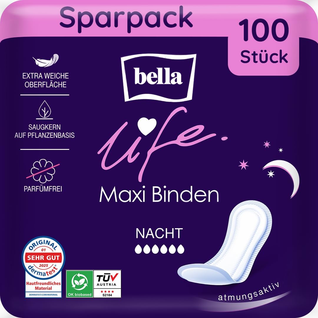 bella Life Maxi Damenbinden für die Nacht | Dermatest: Sehr gut | Atmungsaktive Einlagen für Damen im 10er-Pack (10 x 10 Stück) | Parfümfrei und extra weiche Oberfläche