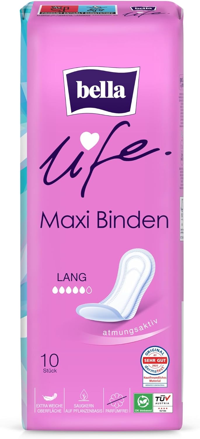 bella Life Maxi Damenbinden lang Dermatest: Sehr gute atmungsaktive Binden für Damen im 10er Pack (10 x 10 Stück), parfümfrei und extra weiche Oberfläche – Bild 2