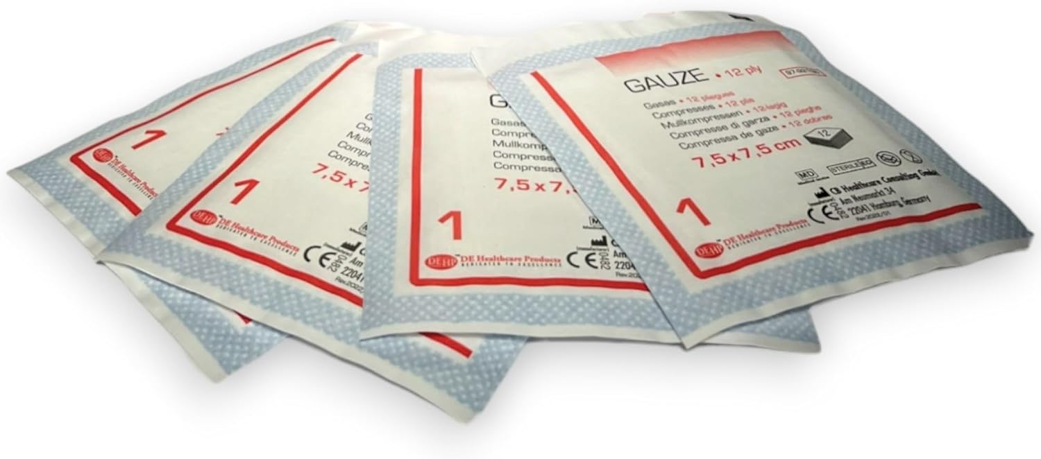 Mullkompressen (100 Stück) 7,5 × 7,5 cm, sterile Verbände, einzeln verpackt, 12 Lagen Wundmaterial – Bild 4