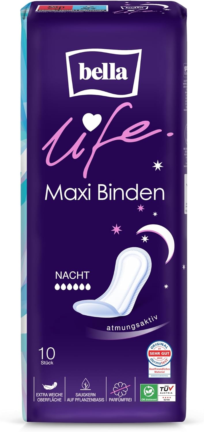 bella Life Maxi Damenbinden für die Nacht | Dermatest: Sehr gut | Atmungsaktive Einlagen für Damen im 10er-Pack (10 x 10 Stück) | Parfümfrei und extra weiche Oberfläche – Bild 2