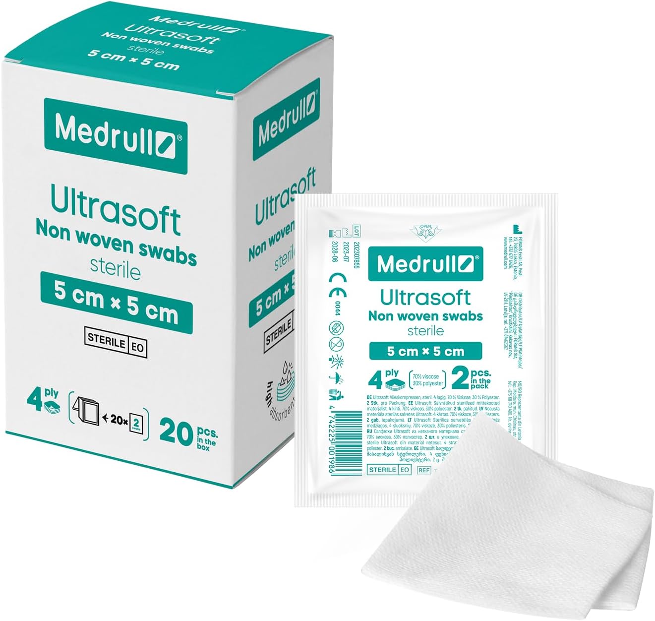 Medrull Vlies-Verbände, steril, ultraweich, 4-lagig, 5 cm x 5 cm, verpackt 2 Stück – 20 Papiertüten (40 Stück)