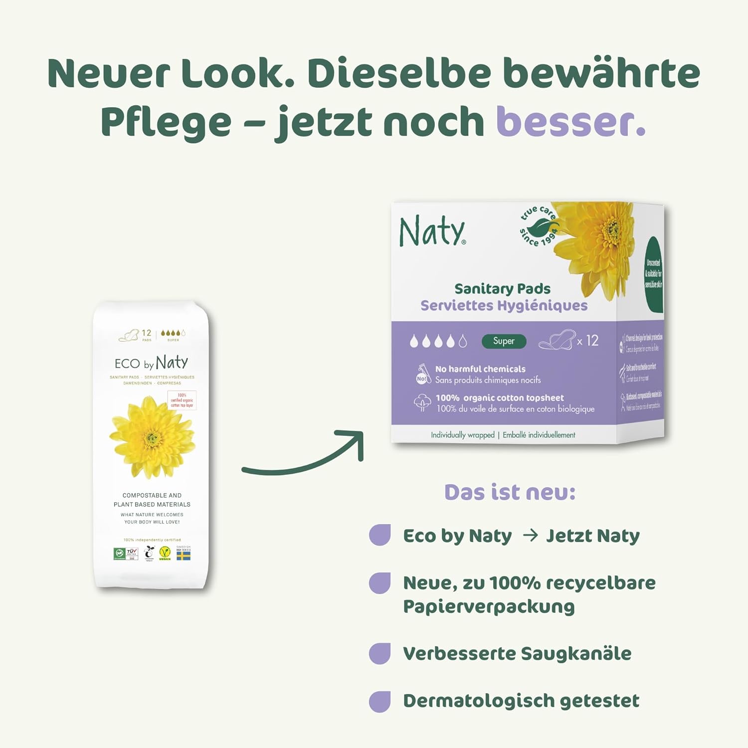 Naty Damenbinden Super mit Flügeln, 100 % zertifizierte Bio-Baumwolle auf der Haut, zertifiziert hautfreundlich, ohne Parfüm, 0 % herkömmliches Plastik, saugfähiger Schutz, 12 Pads – Bild 6