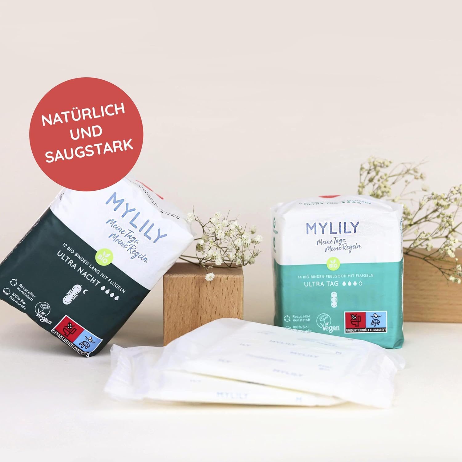 MYLILY Damenbinden Organic Tag (3 x 14 Stück) I 100 % Bio-Baumwolle | Keine Duftstoffe | Atmungsaktiv | Menstruation | Starke Blutung | Pads mit Flügeln I Bio – Bild 6
