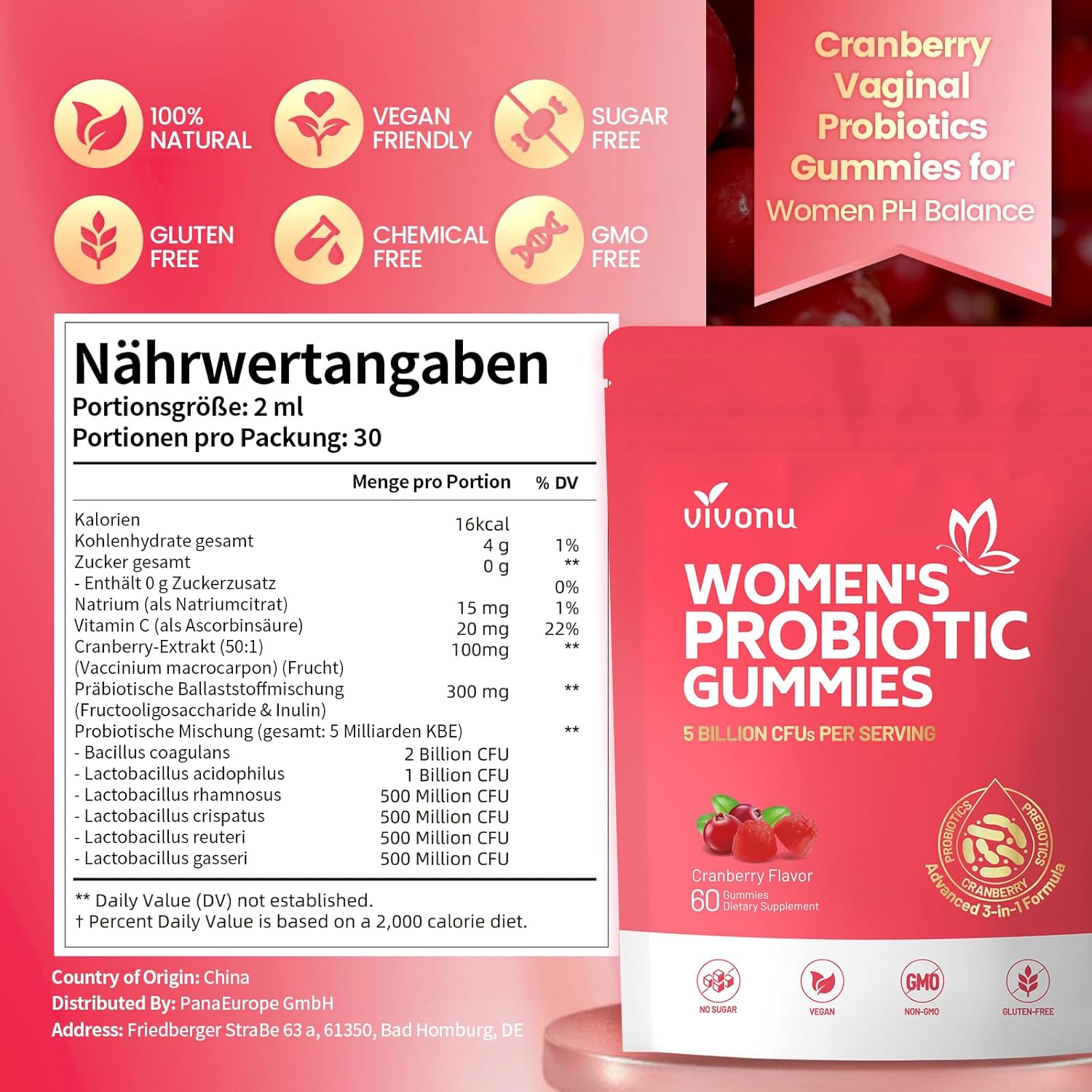 VivoNu Vaginale Probiotika für Frauen – Probiotische Gummis für den Intimbereich und die vaginale Gesundheit, mit Cranberry und Präbiotika, Unterstützung des pH-Gleichgewichts, Probiotikum für Frauen, 60 Gummis – Bild 7