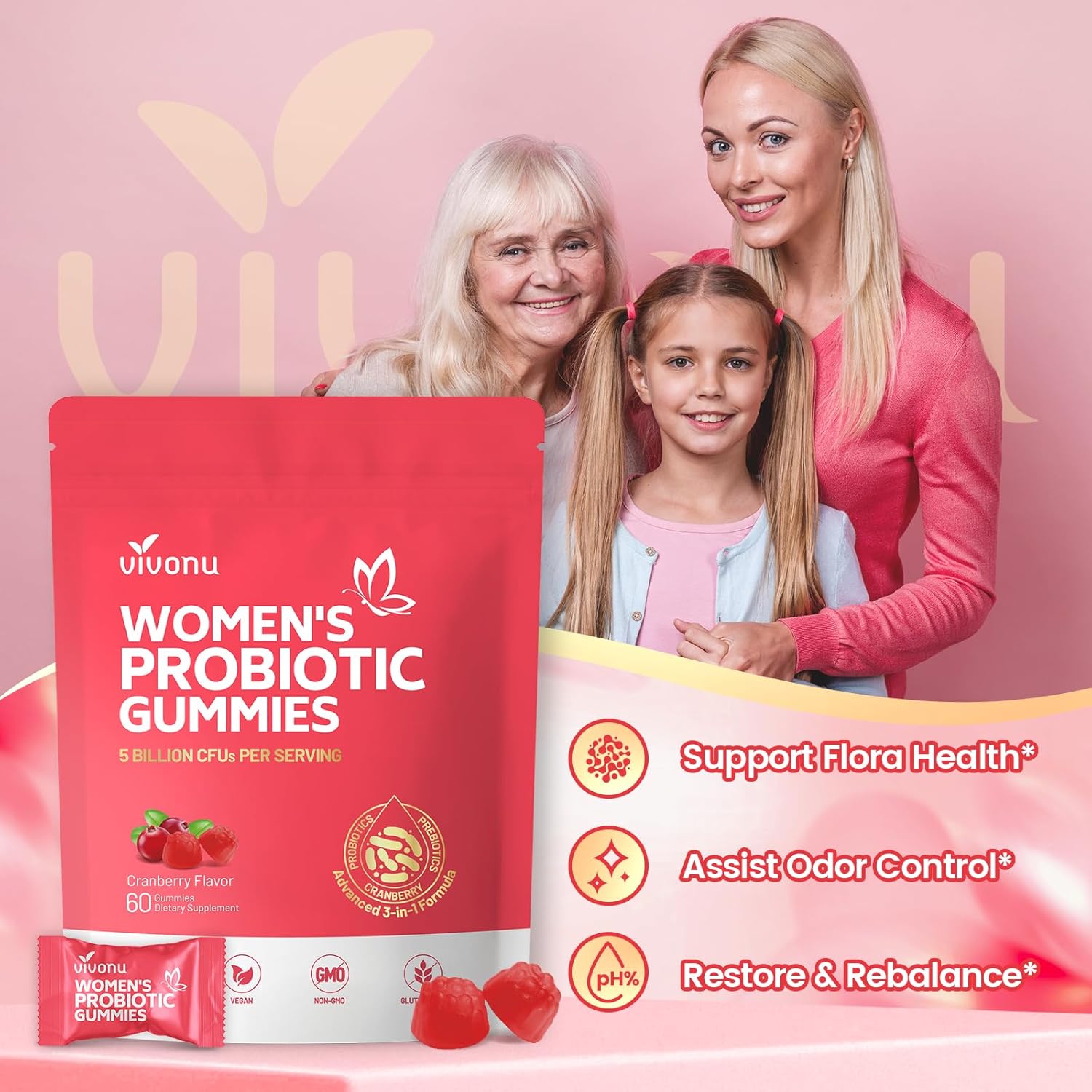 VivoNu Vaginale Probiotika für Frauen – Probiotische Gummis für den Intimbereich und die vaginale Gesundheit, mit Cranberry und Präbiotika, Unterstützung des pH-Gleichgewichts, Probiotikum für Frauen, 60 Gummis – Bild 4