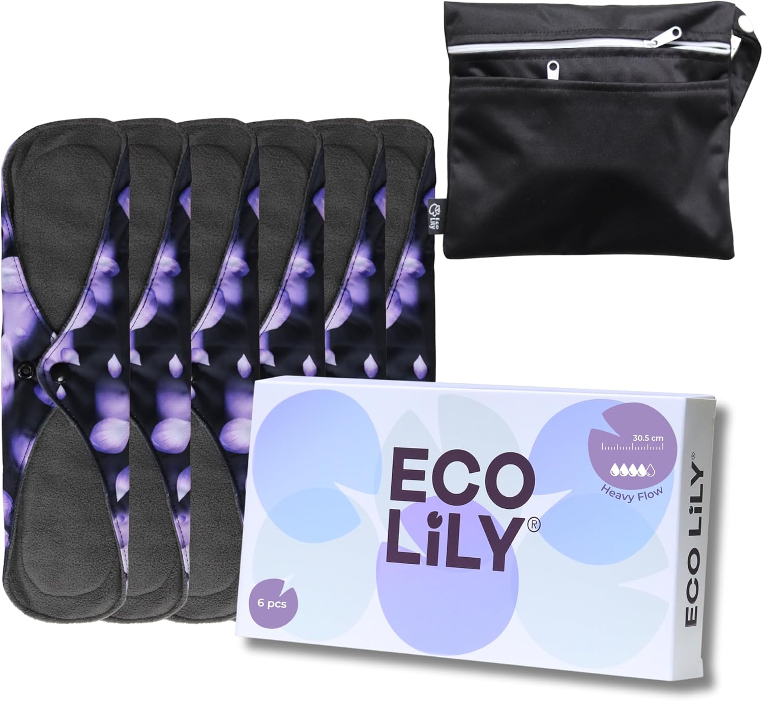 Eco Lily® 6er-Pack wiederverwendbare Damenbinden mit Bambuskohle, waschbare, wasserdichte, saugfähige Menstruationseinlagen für leichte, mittlere und starke Perioden, inklusive Aufbewahrungstasche