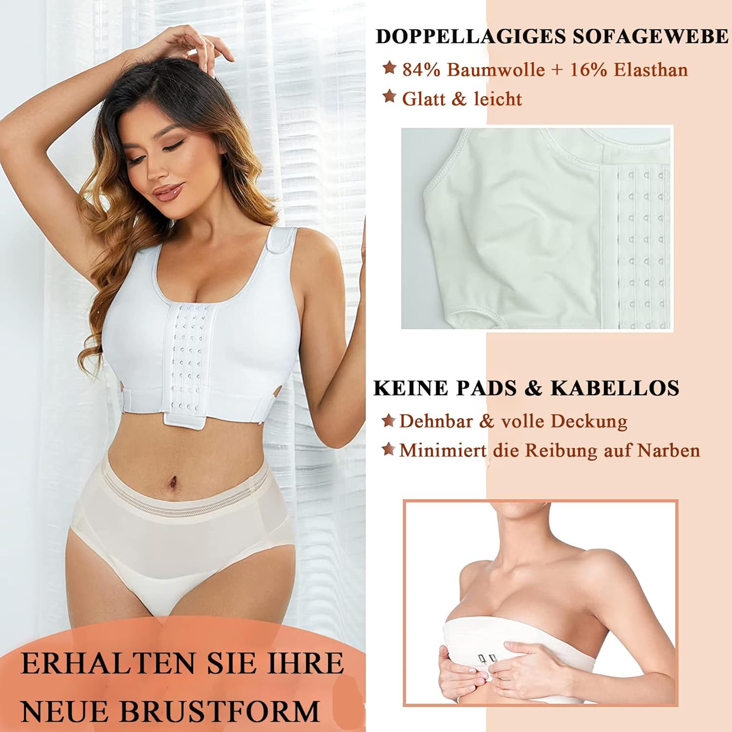 Postoperativer Sport-BH für Damen ohne Bügel, kabelloser BH mit verstellbaren Trägern, Kompressions-BH nach Brustoperationen, nahtloser Schlaf-BH – Bild 2