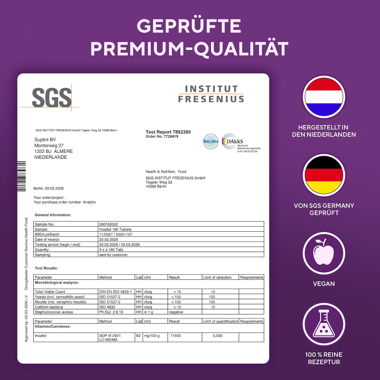 Inositol-Komplex (Tabletten) mit Folsäure – 2200 mg Myo- und D-Chiro-Inositol pro Portion – Unterstützung für Zyklus und Hormonbalance – 180 vegane Tabletten – Laborgetestet – GMP-zertifiziert – Bild 5