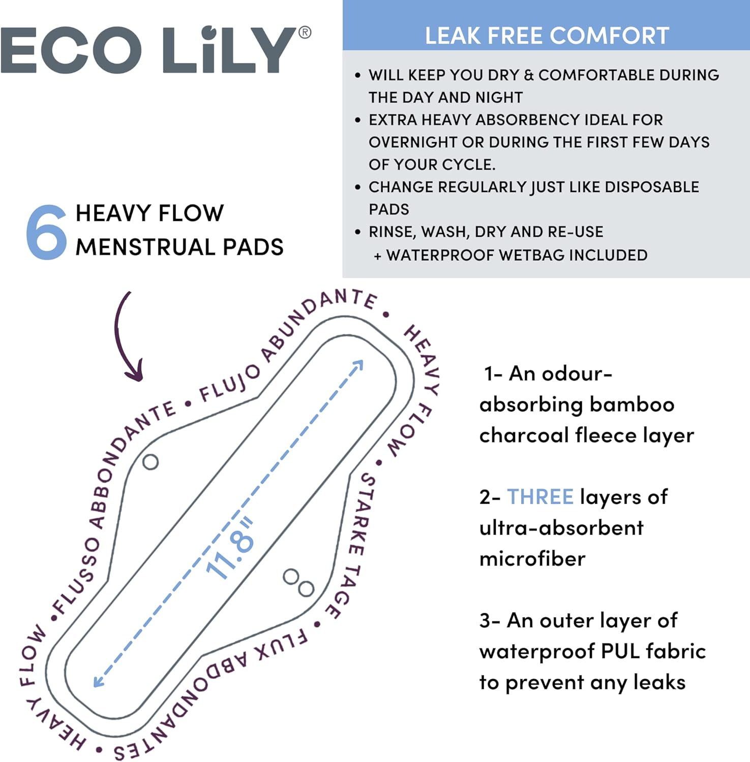 Eco Lily® 6er-Pack wiederverwendbare Damenbinden mit Bambuskohle, waschbare, wasserdichte, saugfähige Menstruationseinlagen für leichte, mittlere und starke Perioden, inklusive Aufbewahrungstasche – Bild 7