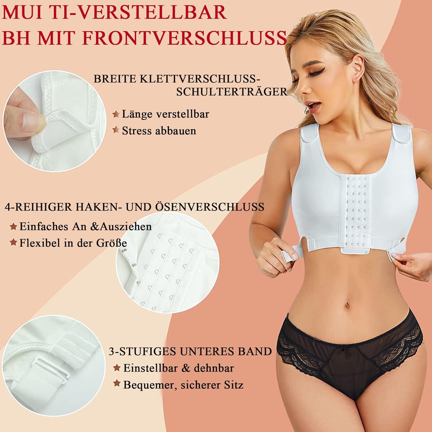 Postoperativer Sport-BH für Damen ohne Bügel, kabelloser BH mit verstellbaren Trägern, Kompressions-BH nach Brustoperationen, nahtloser Schlaf-BH – Bild 3