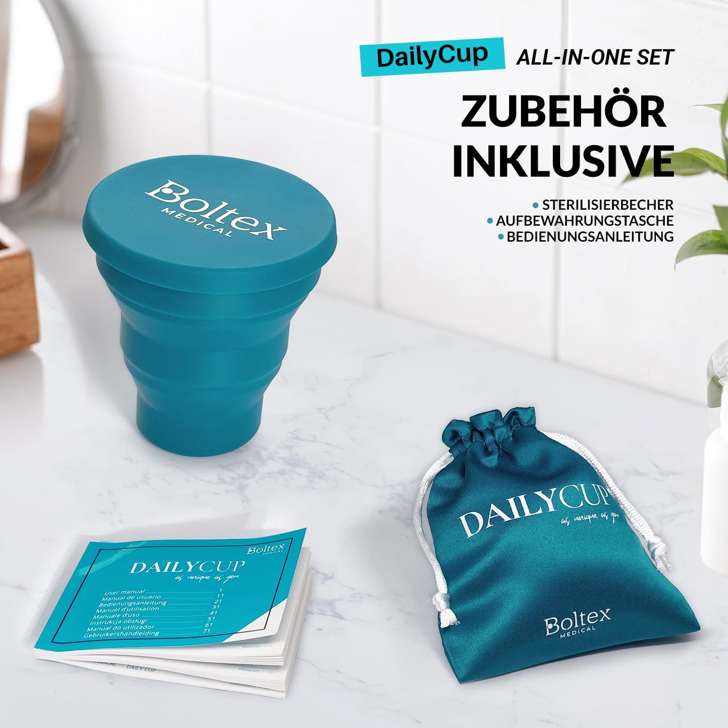 Daily Cup All-In-One-Set, Menstruationstasse für täglichen Komfort, inklusive Sterilisator zur Reinigung, 3 Menstruationstassen, Daily Cup: Größen S, M und L und Aufbewahrungstasche – Bild 4