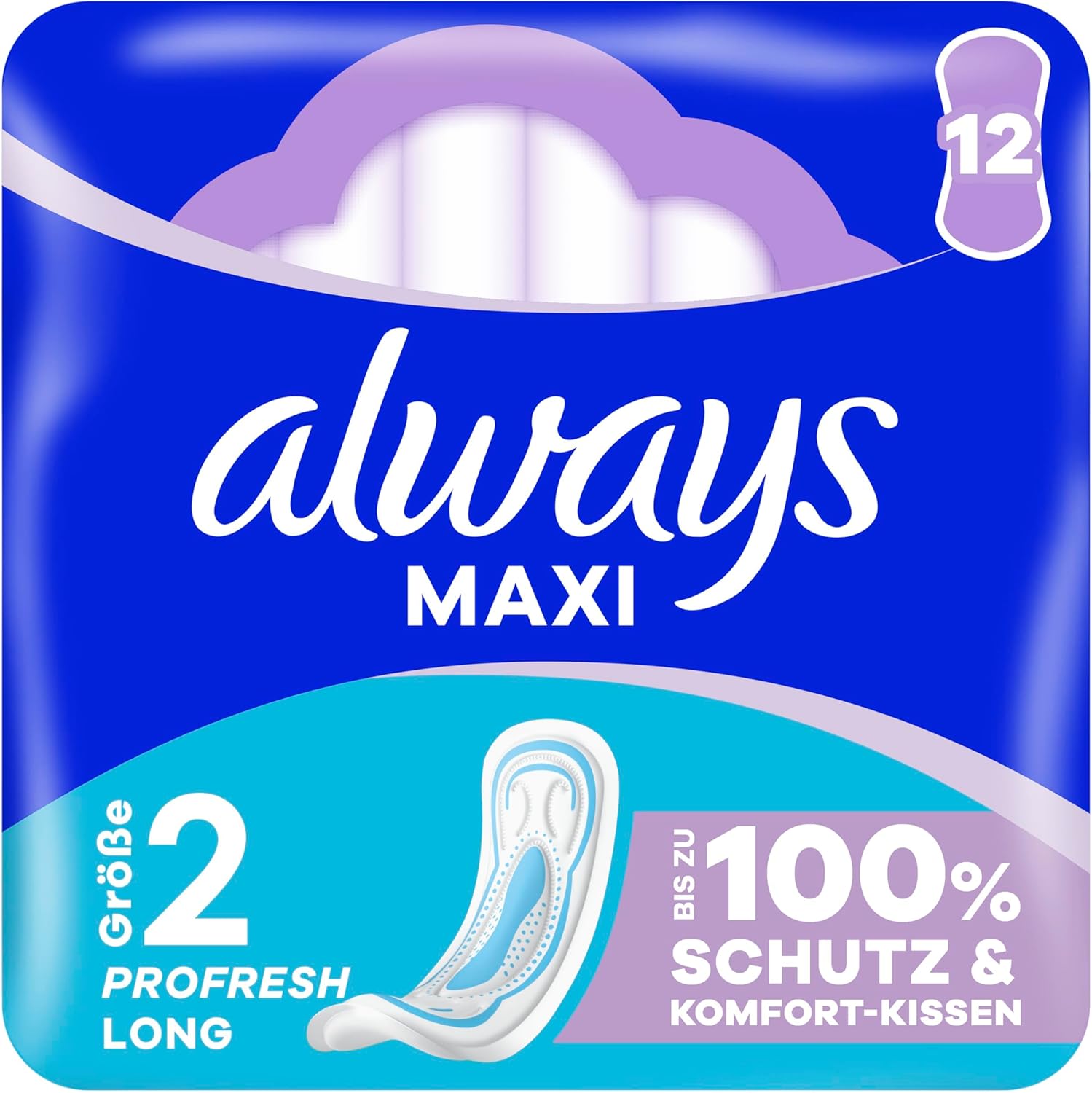 Always Maxi Profresh lange Damenbinden (Größe 2) ohne Flügel, 12er-Pack für stärkere Tage, Damenbinden, bis zu 100 % Schutz und Komfortkissen