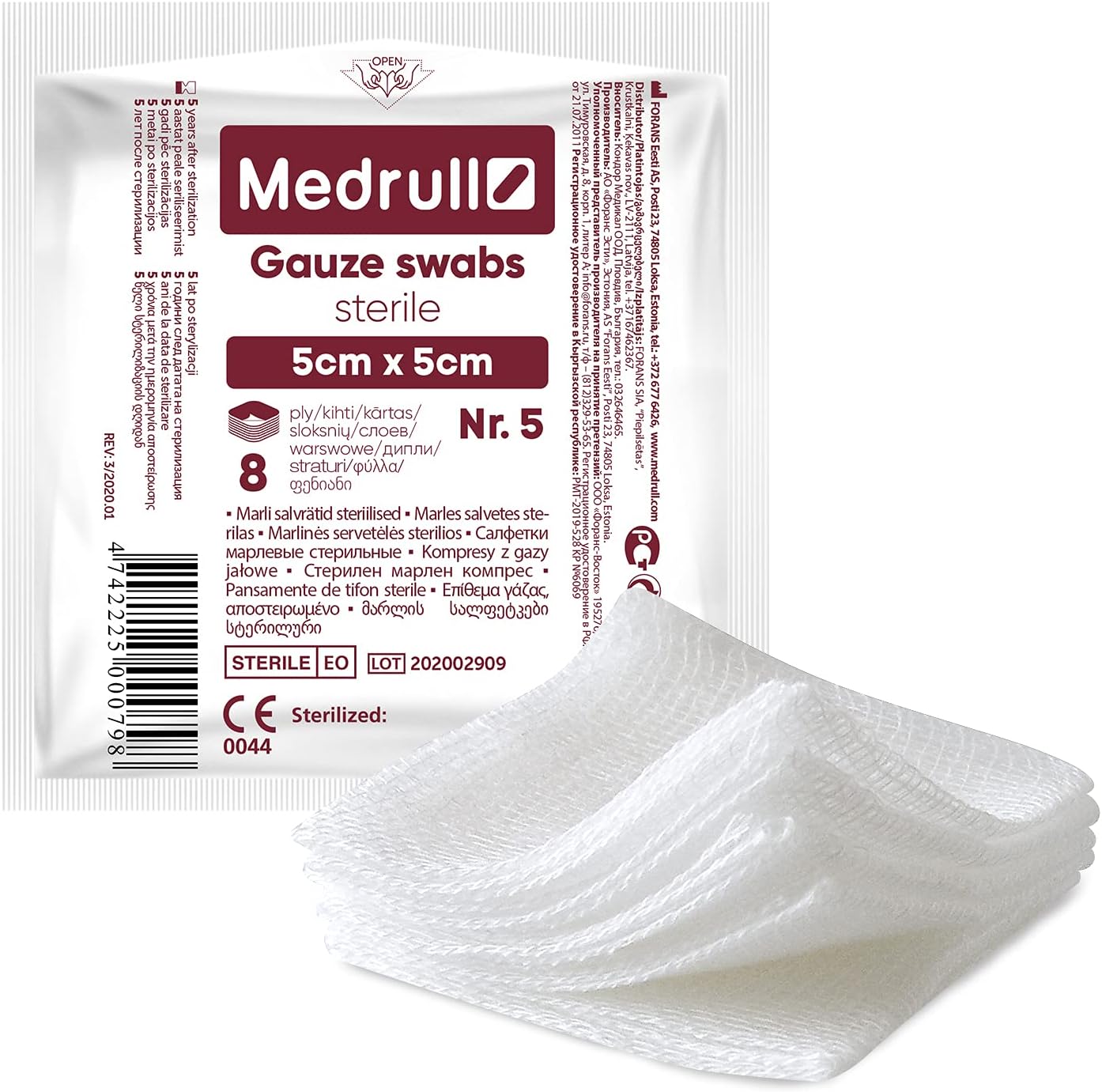 Medrull Mulltupfer, sterile Verbände, 5 cm x 5 cm, nicht klebende Wundauflagen – extra saugfähig – 8-lagig verpackt, 5 Stück – 20 Papiertüten (100 Stück) – Bild 3