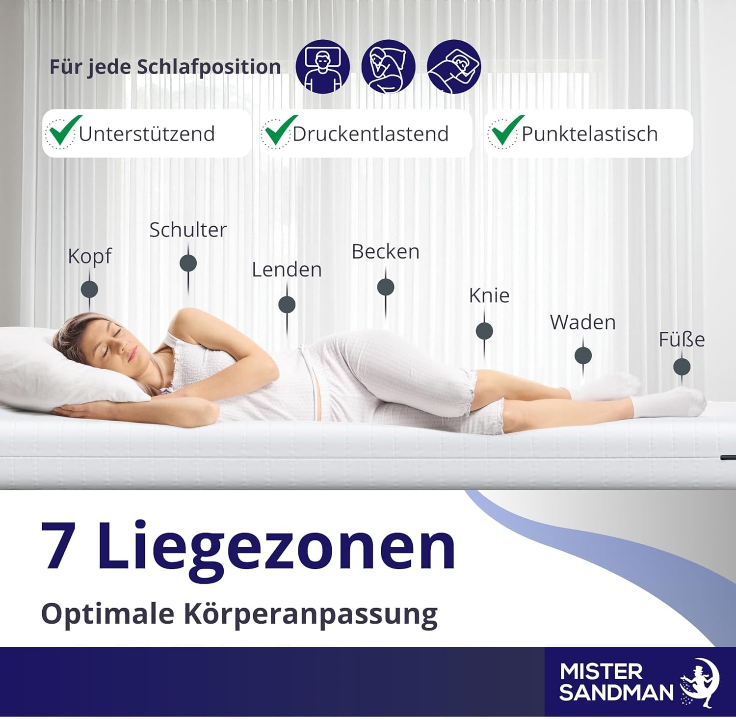 Mister Sandman Kaltschaummatratze 90 x 200 cm, H2/H3, 18 cm Höhe, orthopädische 7-Zonen-Matratze, Rollmatratze mit waschbarem Bezug, für Seiten-, Rücken- und Bauchschläfer – Bild 3