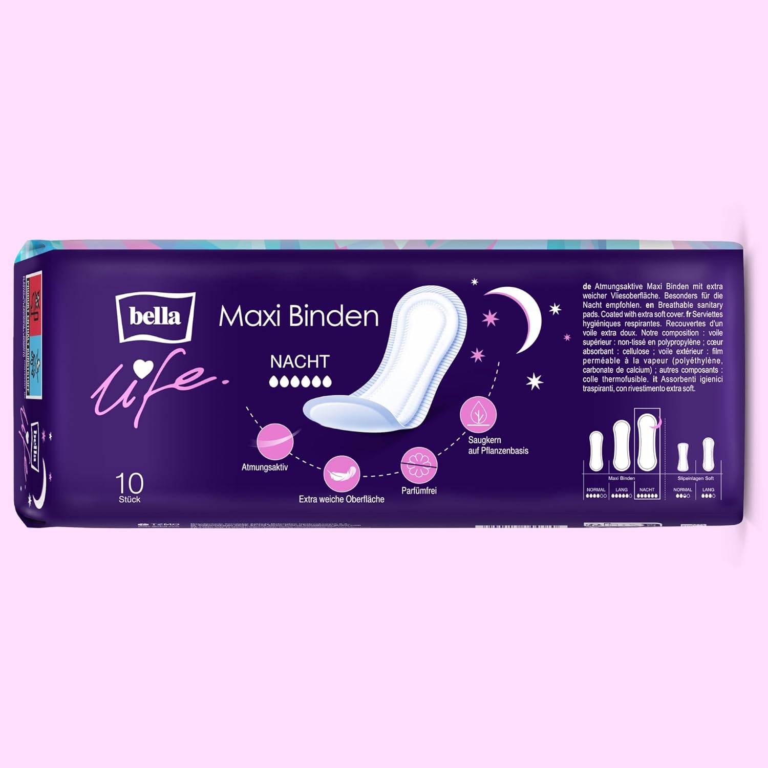 bella Life Maxi Damenbinden für die Nacht | Dermatest: Sehr gut | Atmungsaktive Einlagen für Damen im 10er-Pack (10 x 10 Stück) | Parfümfrei und extra weiche Oberfläche – Bild 3