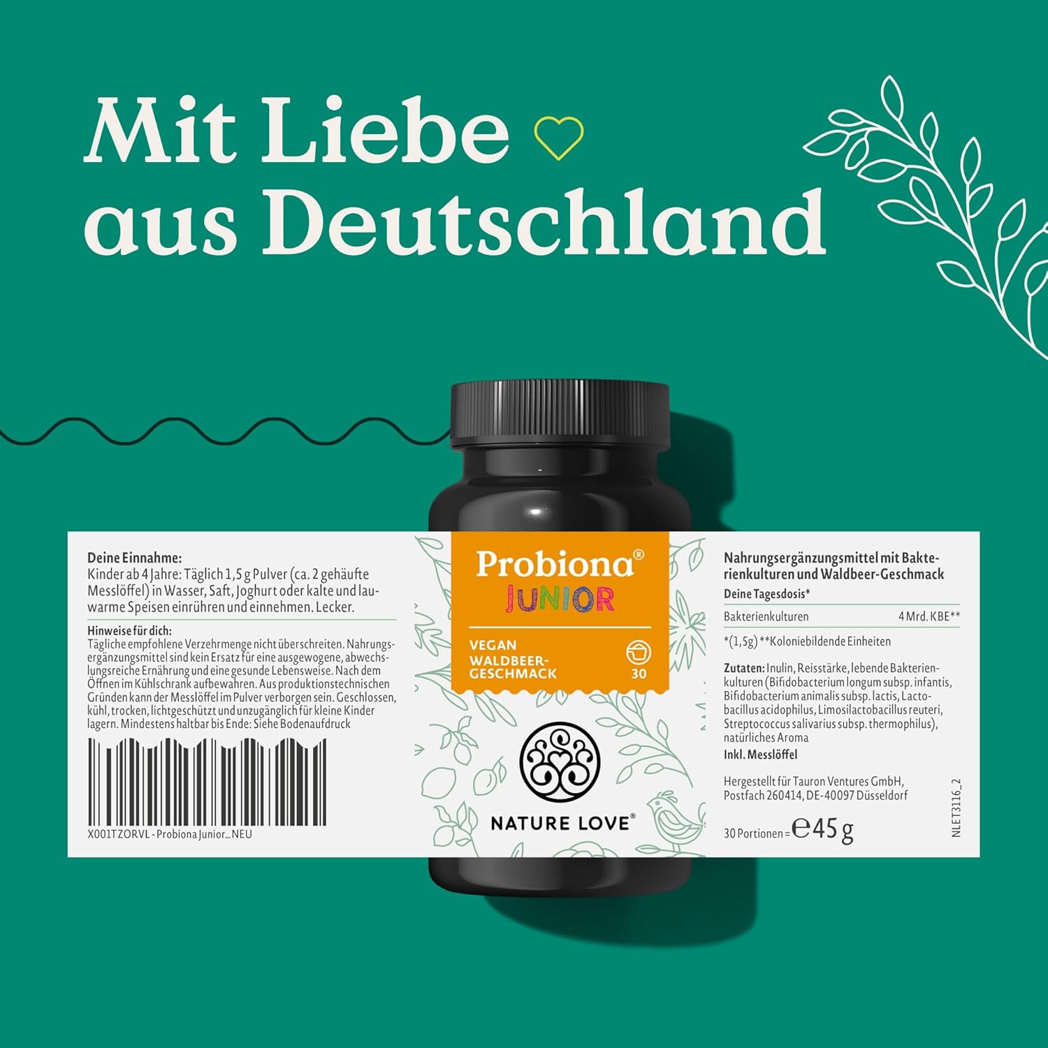 NATURE LOVE Probiona Junior – 45 g Pulver – Darmbakterien für Kinder ab 4 Jahren – 5 Bakterienstämme – mit Lactobacillus (Milchsäurebakterien), Bifidobacterium und Inulin – vegan und laborgeprüft – Bild 6