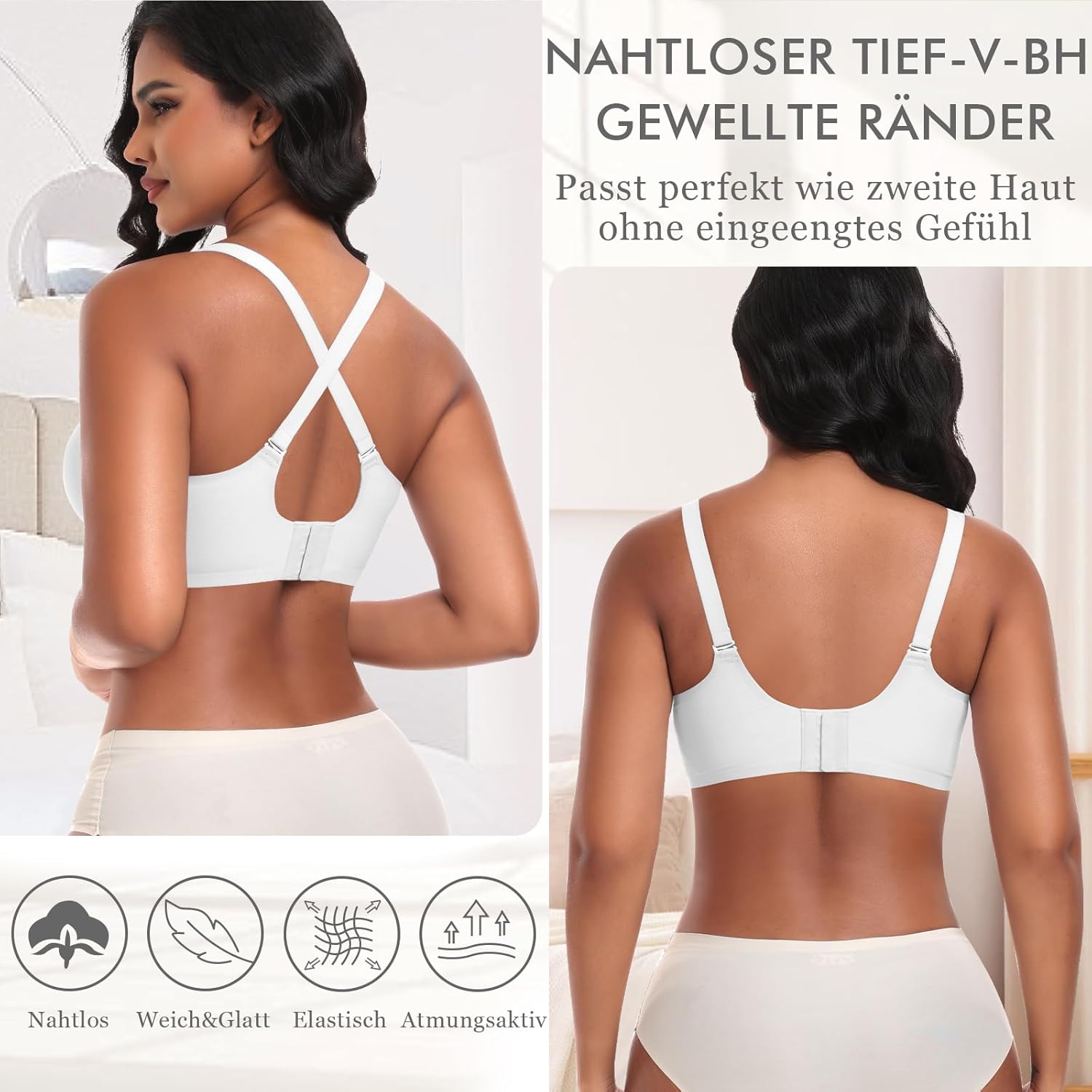 Ganado Damen Nahtloser BH ohne Bügel, tiefer V-Ausschnitt, gewellte Kanten, bequemer BH, Bralette, weiche BHs, bügelloser Bustier-BH – Bild 2