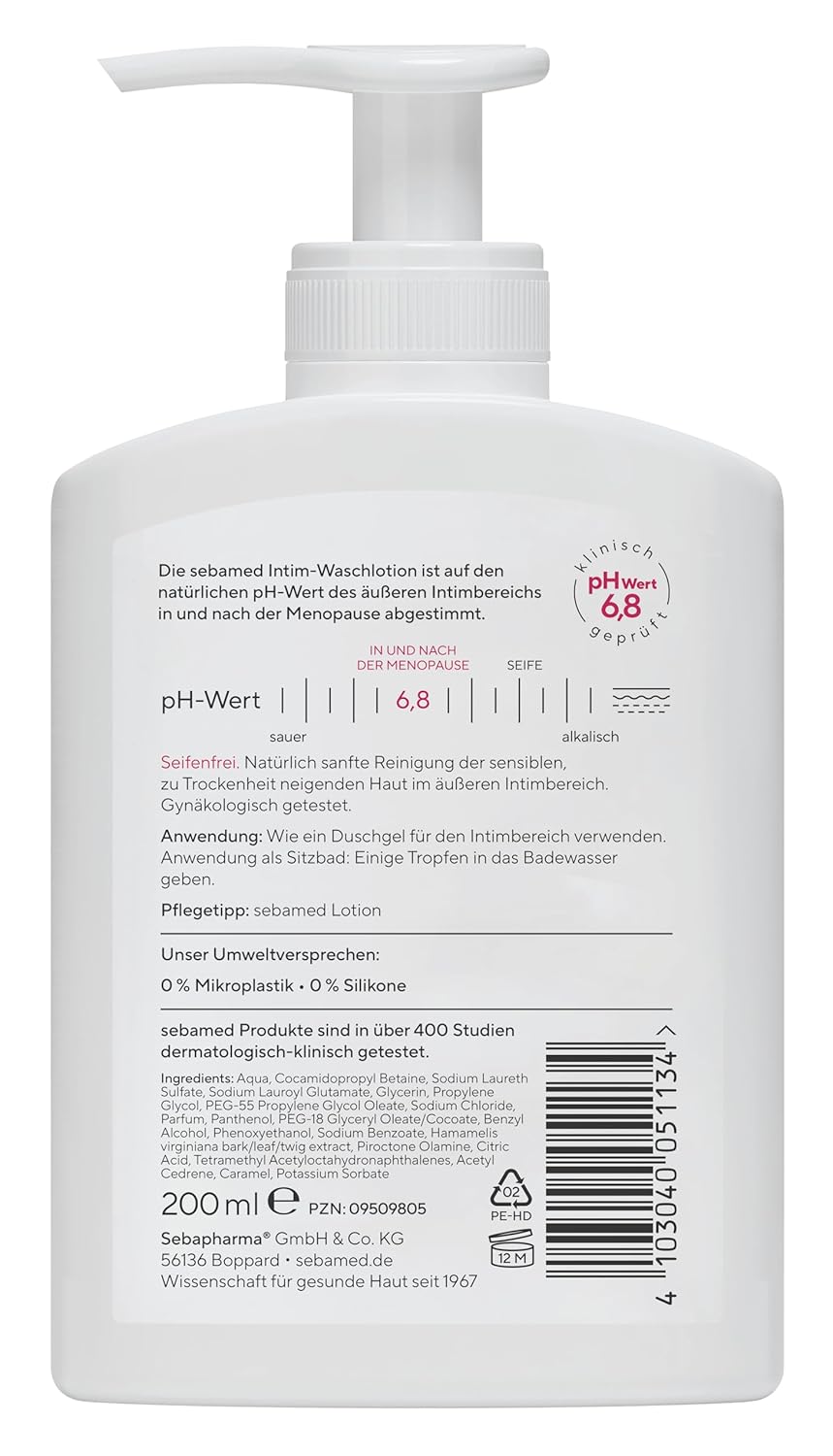 Sebamed Intimwaschlotion mit pH-Wert 6,8, hautberuhigende Intimpflege für Frauen ab den Wechseljahren, besonders mild bei Trockenheit und Reizungen, 200 ml – Bild 2