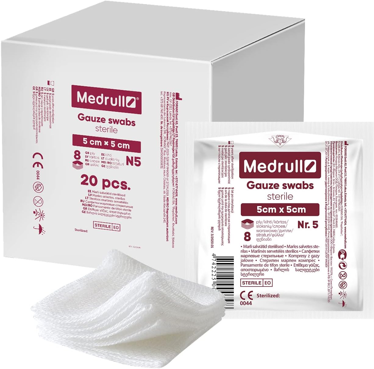 Medrull Mulltupfer, sterile Verbände, 5 cm x 5 cm, nicht klebende Wundauflagen – extra saugfähig – 8-lagig verpackt, 5 Stück – 20 Papiertüten (100 Stück)