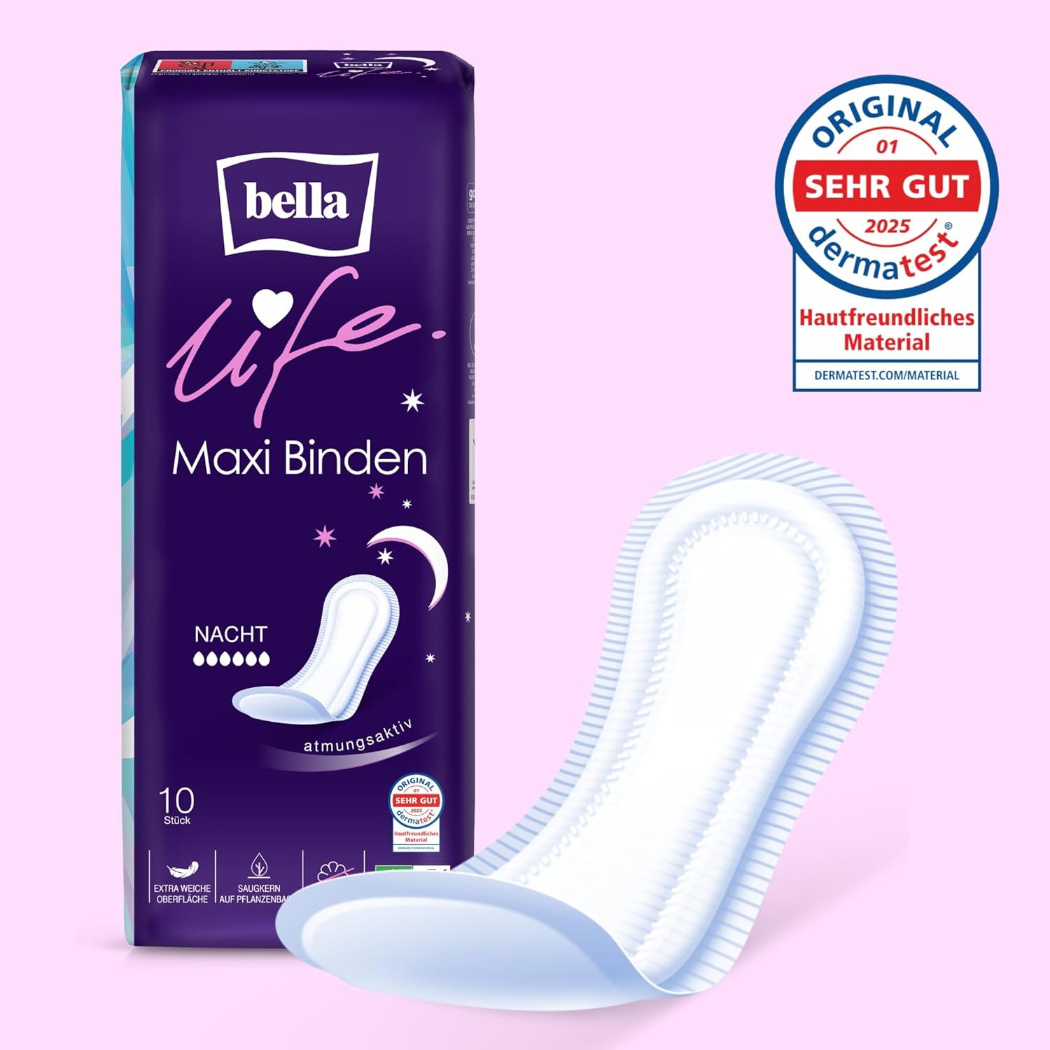 bella Life Maxi Damenbinden für die Nacht | Dermatest: Sehr gut | Atmungsaktive Einlagen für Damen im 10er-Pack (10 x 10 Stück) | Parfümfrei und extra weiche Oberfläche – Bild 4