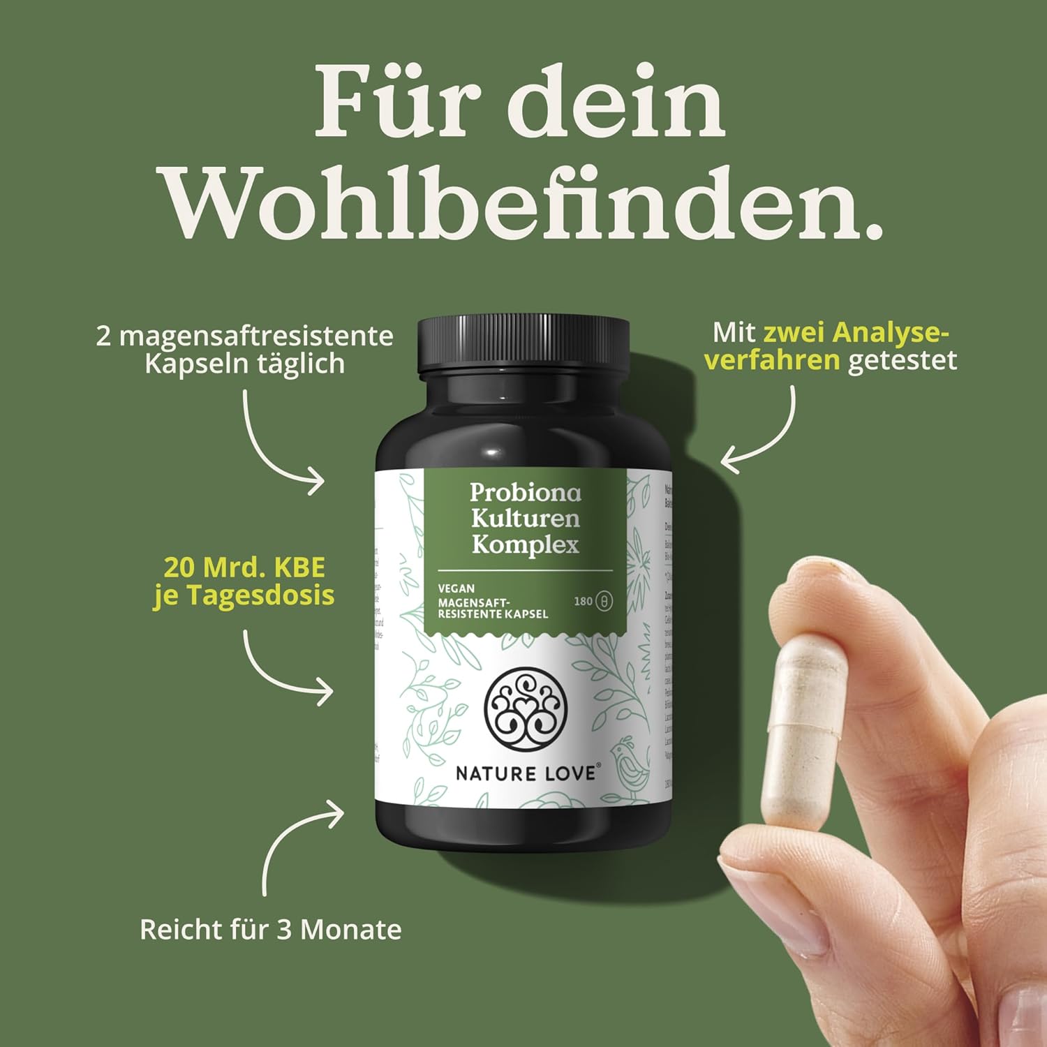 NATURE LOVE® Probiona-Kulturen-Komplex – 20 Bakterienstämme + Bio-Inulin – 180 magensaftresistente Kapseln – hochdosiert: 20 Milliarden KBE pro Tagesdosis – vegan, hergestellt in Deutschland – Bild 3