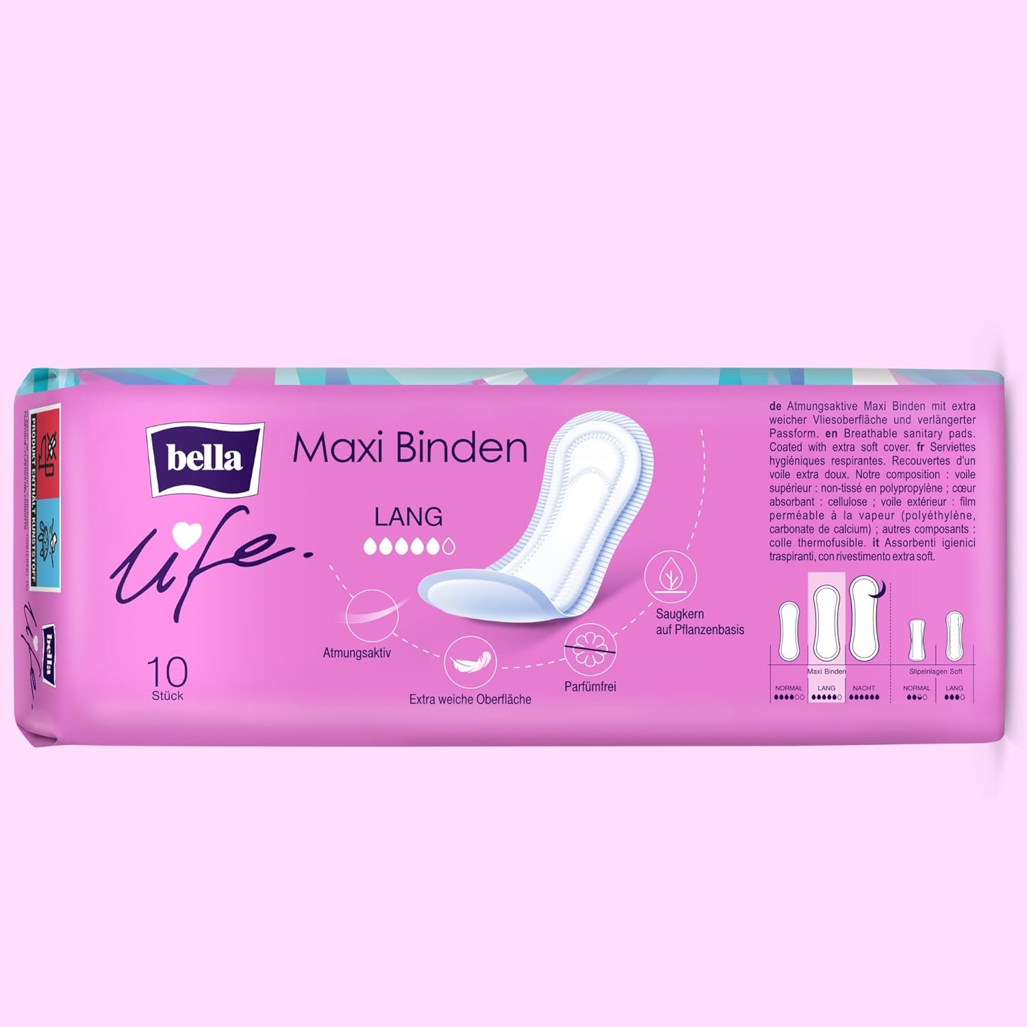 bella Life Maxi Damenbinden lang Dermatest: Sehr gute atmungsaktive Binden für Damen im 10er Pack (10 x 10 Stück), parfümfrei und extra weiche Oberfläche – Bild 3