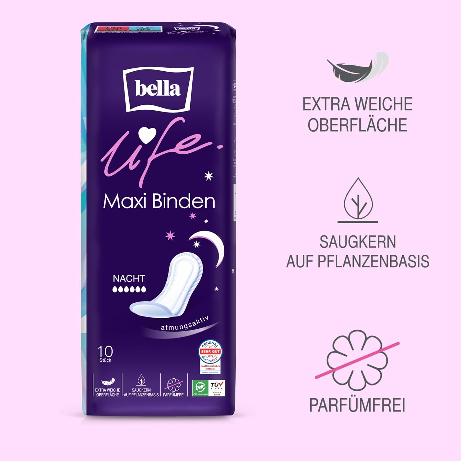bella Life Maxi Damenbinden für die Nacht | Dermatest: Sehr gut | Atmungsaktive Einlagen für Damen im 10er-Pack (10 x 10 Stück) | Parfümfrei und extra weiche Oberfläche – Bild 5