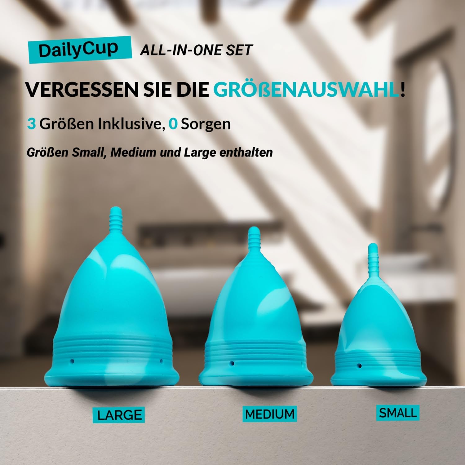 Daily Cup All-In-One-Set, Menstruationstasse für täglichen Komfort, inklusive Sterilisator zur Reinigung, 3 Menstruationstassen, Daily Cup: Größen S, M und L und Aufbewahrungstasche – Bild 2