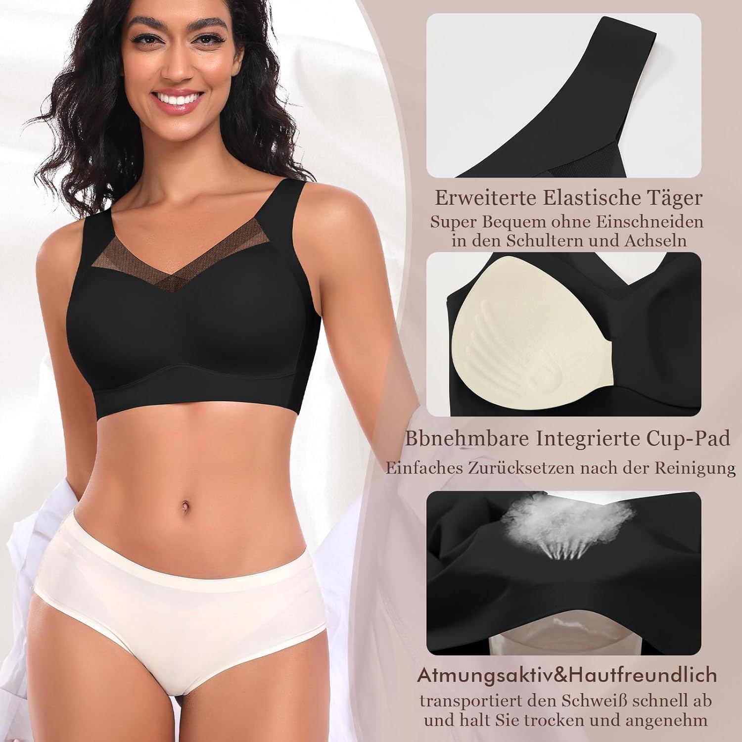 Damen-BH ohne Bügel, nahtloser, bequemer BH, weicher, glatter BH, Bustier, bügelloser BH, Komfort, weicher BH, T-Shirt-Bralette, gepolstert – Bild 5