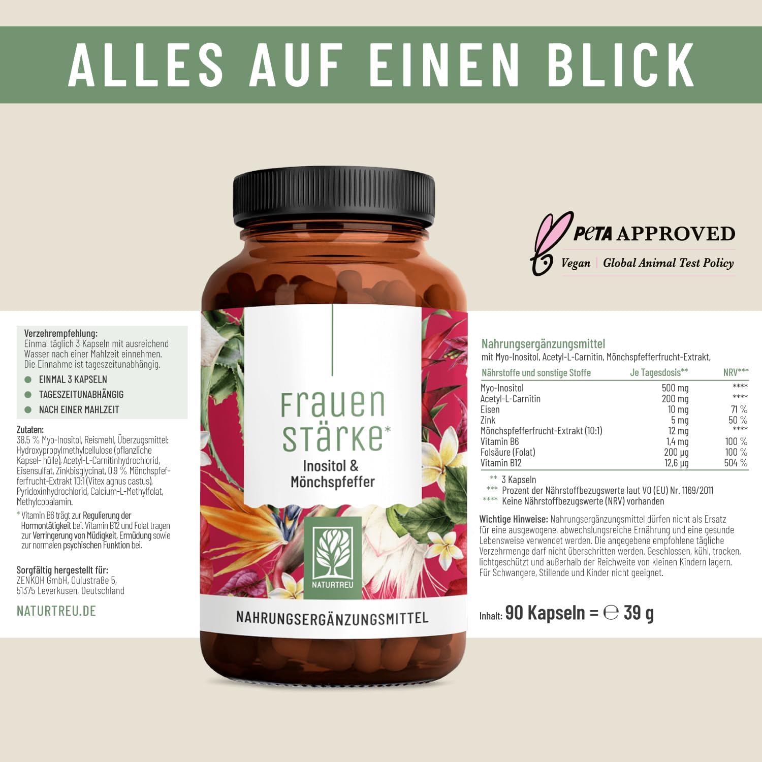 NATURTREU® Frauenstärke Myo-Inosit & Mönchspfeffer, hochdosiert – 90 Vitaminkapseln für Frauen mit L-Carnitin, Folsäure, B12 & Eisen – Vitex Agnus-Castus – Bild 3