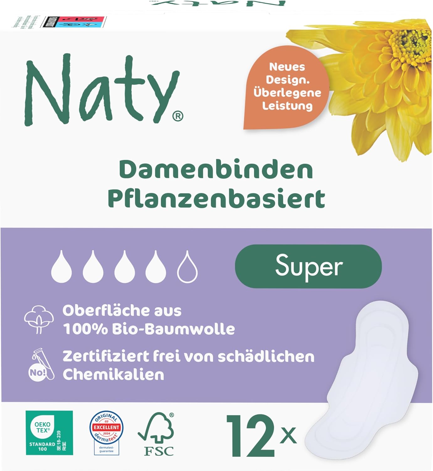 Naty Damenbinden Super mit Flügeln, 100 % zertifizierte Bio-Baumwolle auf der Haut, zertifiziert hautfreundlich, ohne Parfüm, 0 % herkömmliches Plastik, saugfähiger Schutz, 12 Pads