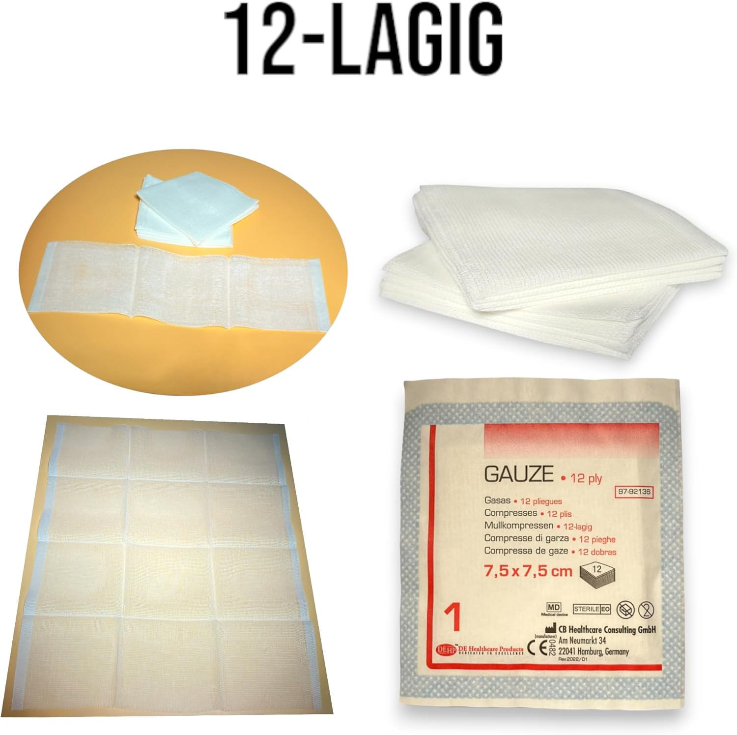 Mullkompressen (100 Stück) 7,5 × 7,5 cm, sterile Verbände, einzeln verpackt, 12 Lagen Wundmaterial – Bild 2