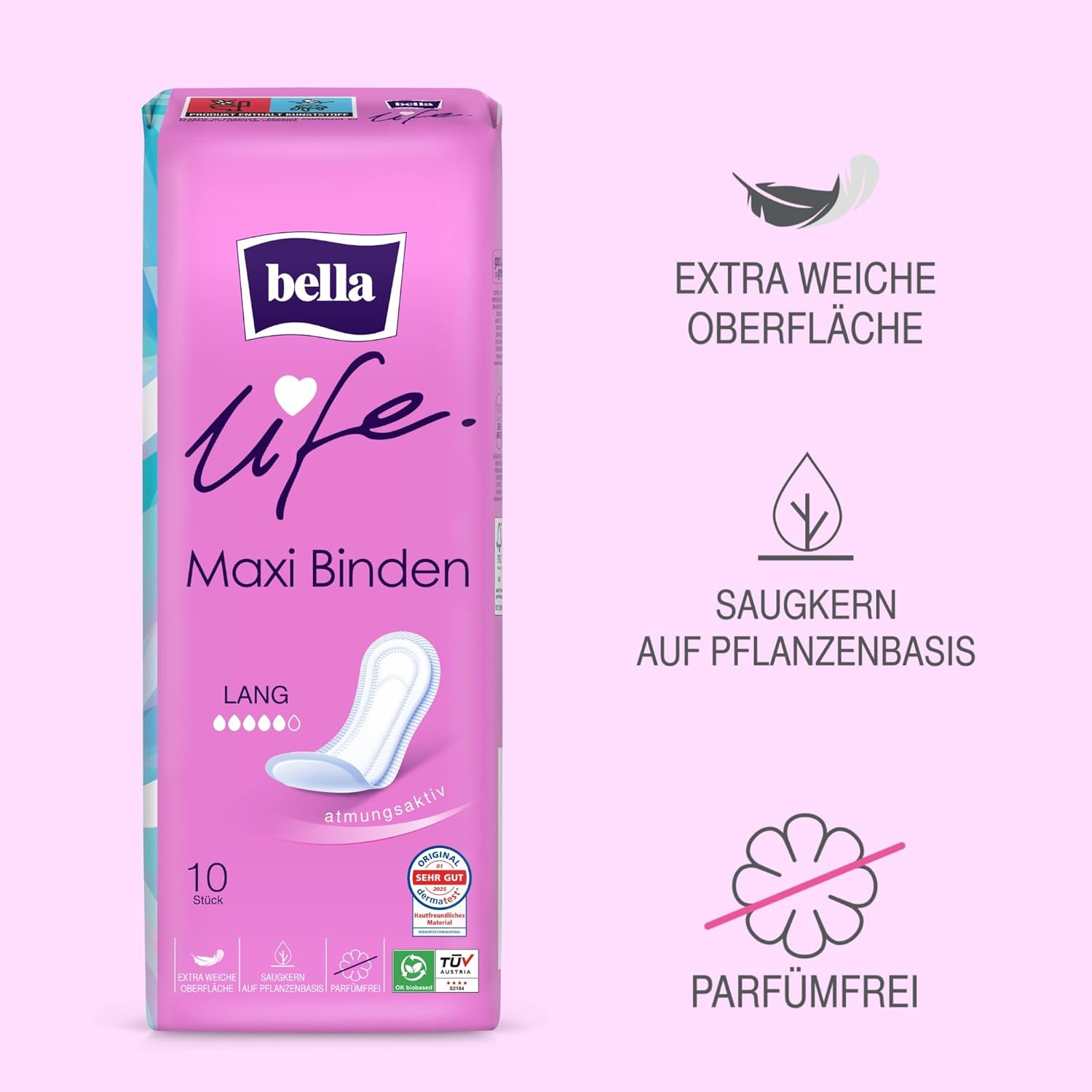bella Life Maxi Damenbinden lang Dermatest: Sehr gute atmungsaktive Binden für Damen im 10er Pack (10 x 10 Stück), parfümfrei und extra weiche Oberfläche – Bild 5