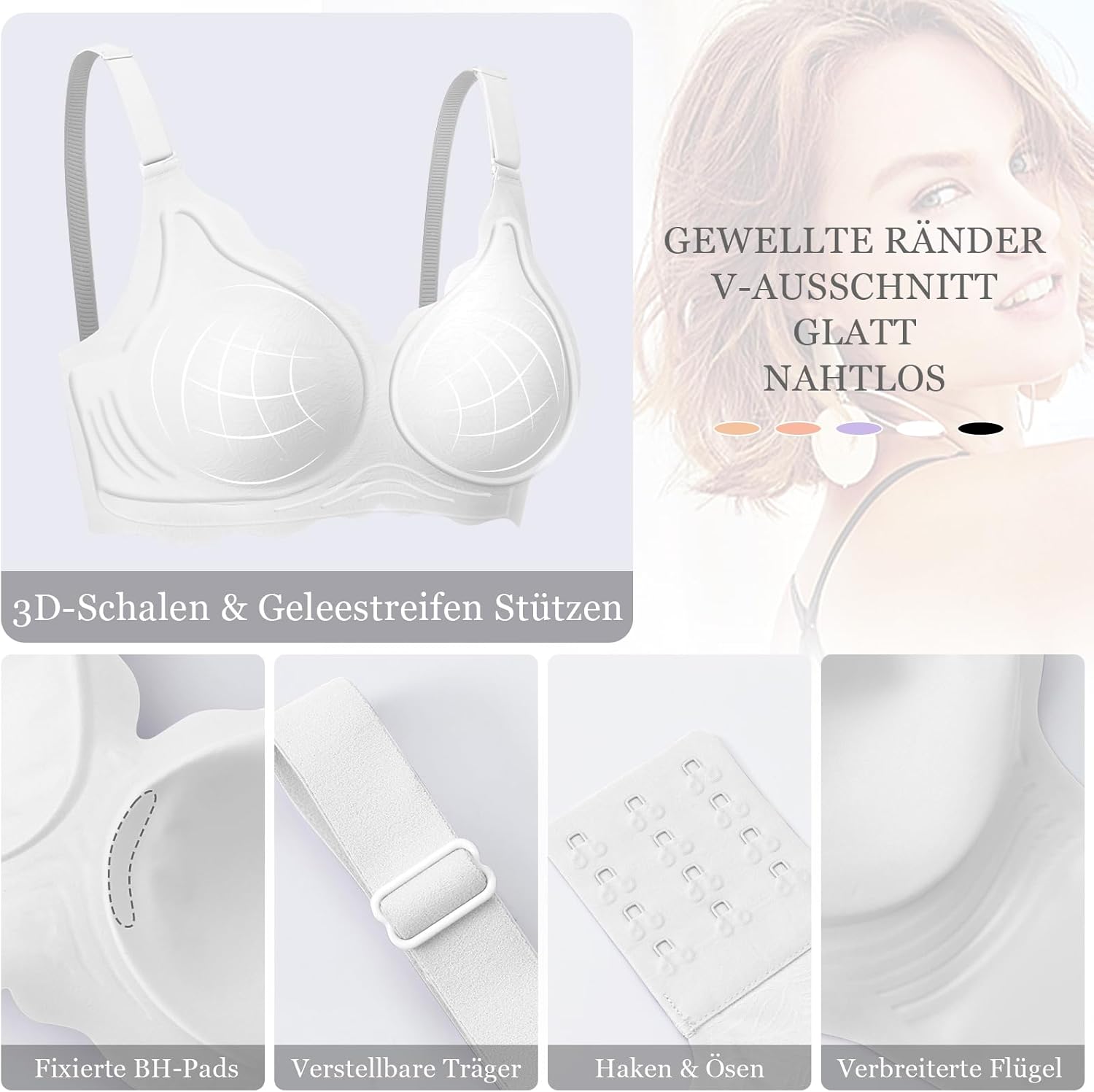 Ganado Damen Nahtloser BH ohne Bügel, tiefer V-Ausschnitt, gewellte Kanten, bequemer BH, Bralette, weiche BHs, bügelloser Bustier-BH – Bild 3