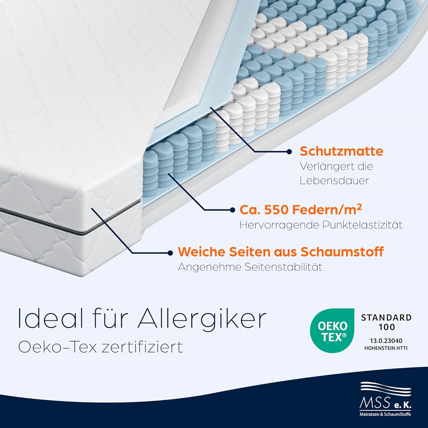 MSS eK Taschenfederkernmatratze mit Kaltschaum 120 x 200 cm H2 – ECO – 7-Zonen, orthopädischer Komfortschaum, waschbarer Bezug, Öko-Tex zertifiziert, hergestellt in Deutschland – Bild 7