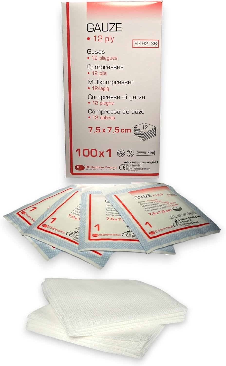 Mullkompressen (100 Stück) 7,5 × 7,5 cm, sterile Verbände, einzeln verpackt, 12 Lagen Wundmaterial