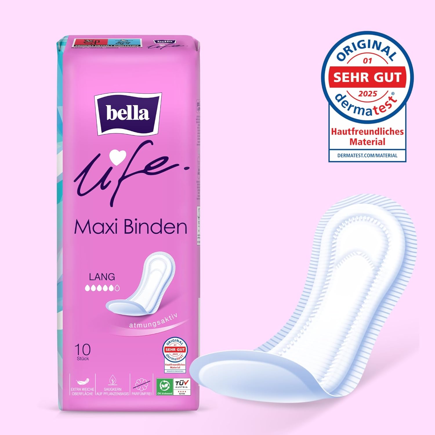 bella Life Maxi Damenbinden lang Dermatest: Sehr gute atmungsaktive Binden für Damen im 10er Pack (10 x 10 Stück), parfümfrei und extra weiche Oberfläche – Bild 4