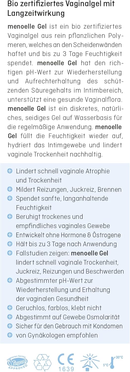 menoelle Bio-Vaginalgel – Vaginales Feuchtigkeitsgel gegen vaginale Trockenheit, Juckreiz, Brennen und Ausfluss – nährt das Vaginalmilieu und reguliert den pH-Wert – für Frauen – 100 ml – Bild 8